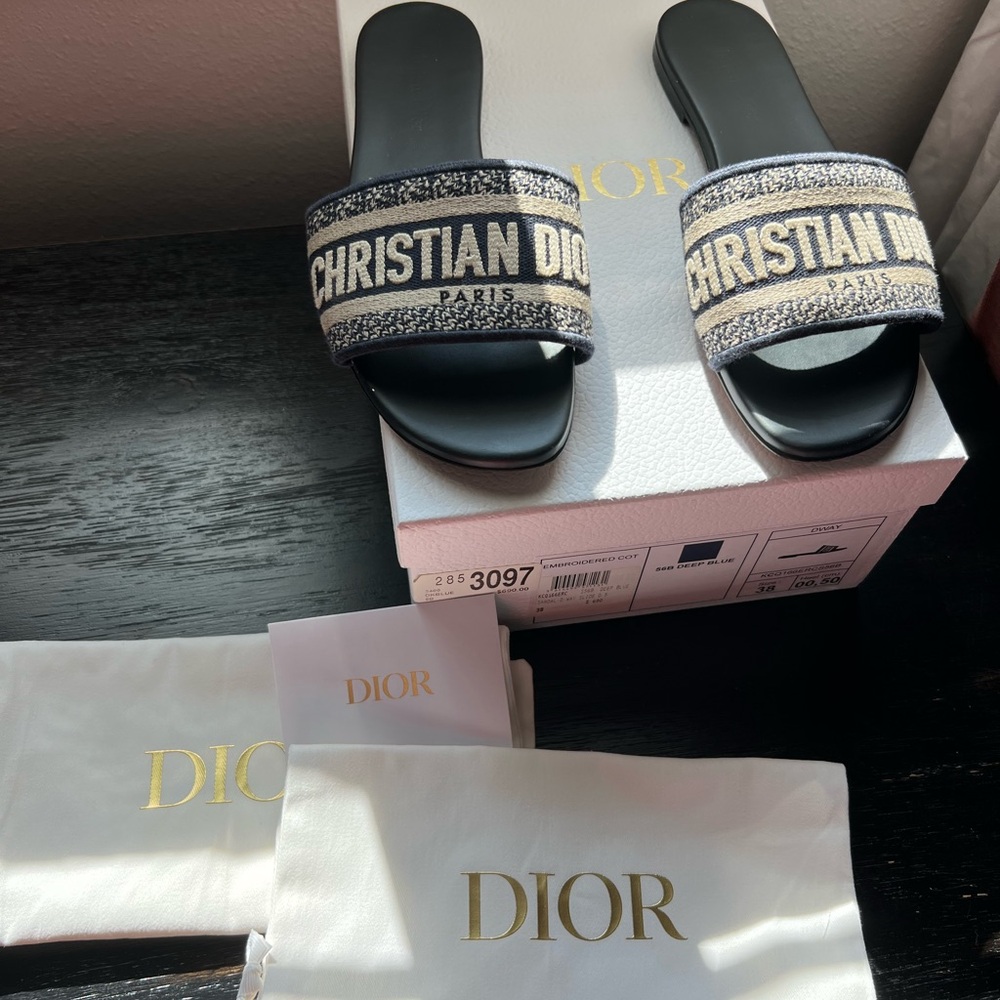 Christian Dior D-Way Slides Deep Blue embroidered cotton size 38